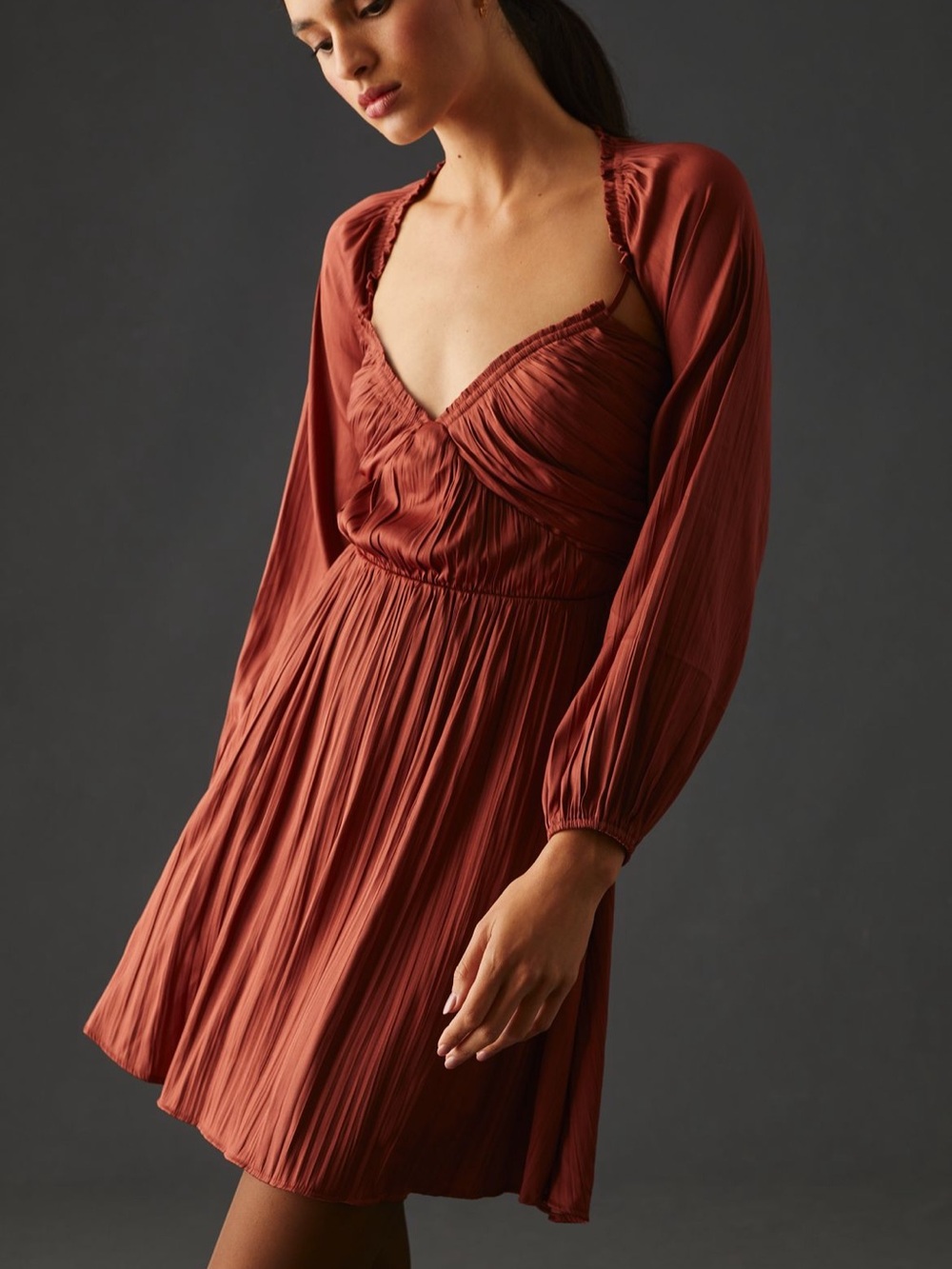 BOGO! Anthropologie Shirred Cutout Mini Dress Rust Cognac Satin Medium